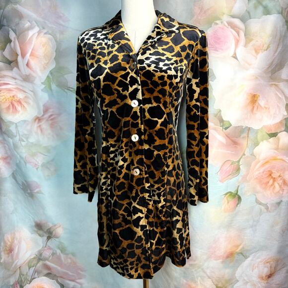 Vintage 90s Clio Petites Leopard Print Velvet Longline Jacket Blazer - Picture 1 of 4